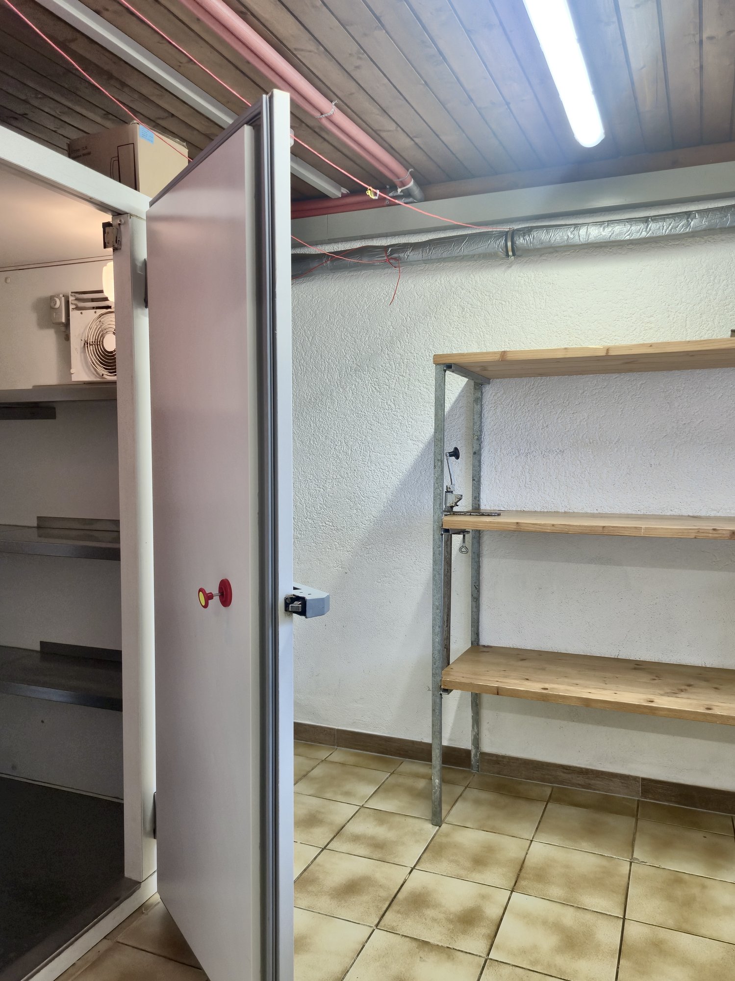 Abstellraum im Selbstversorgerhaus Maishofen mit begehbarer Kühlzelle und Regalen.